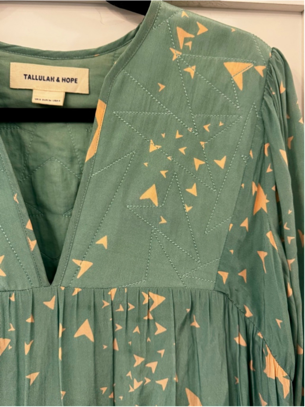 Tallulah & Hope Tiered Midi Dress Green Pink Geometric Print Long Sleeve UK 8 US - Picture 2 of 9